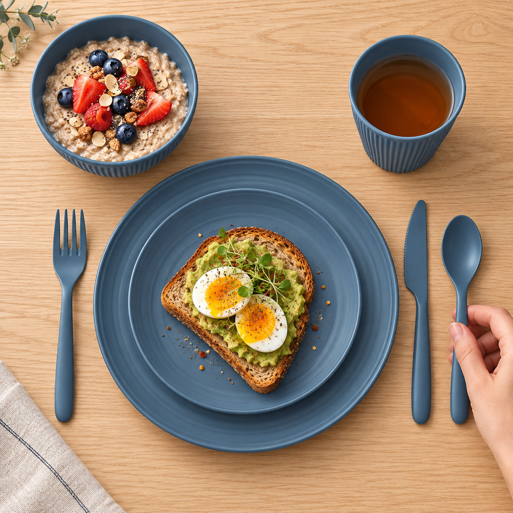 Dark blue wheat-straw dinnerware. Overhead view showing geometry and use scale. Representative subset; styling props not included.