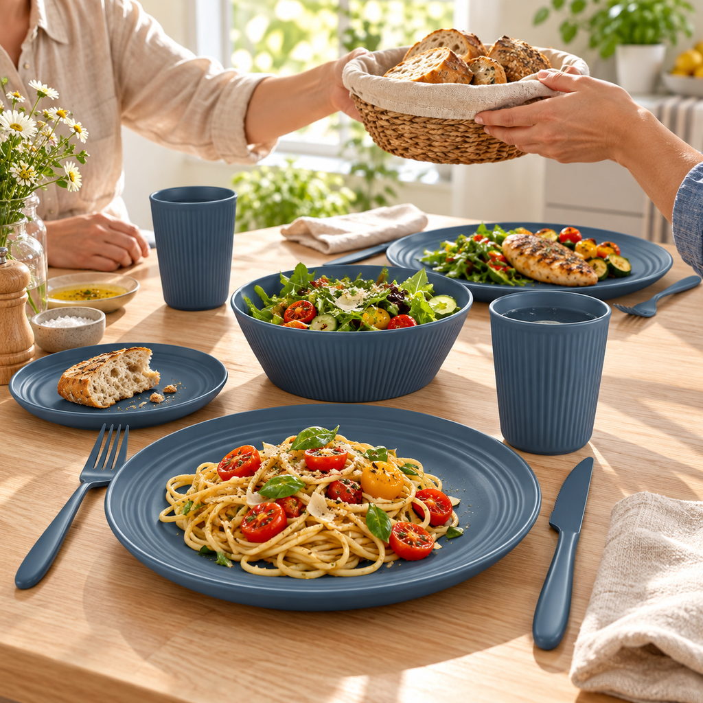 Dark blue wheat-straw dining pieces in a shared meal preparation or dining scene. Representative subset; food and styling props not included.