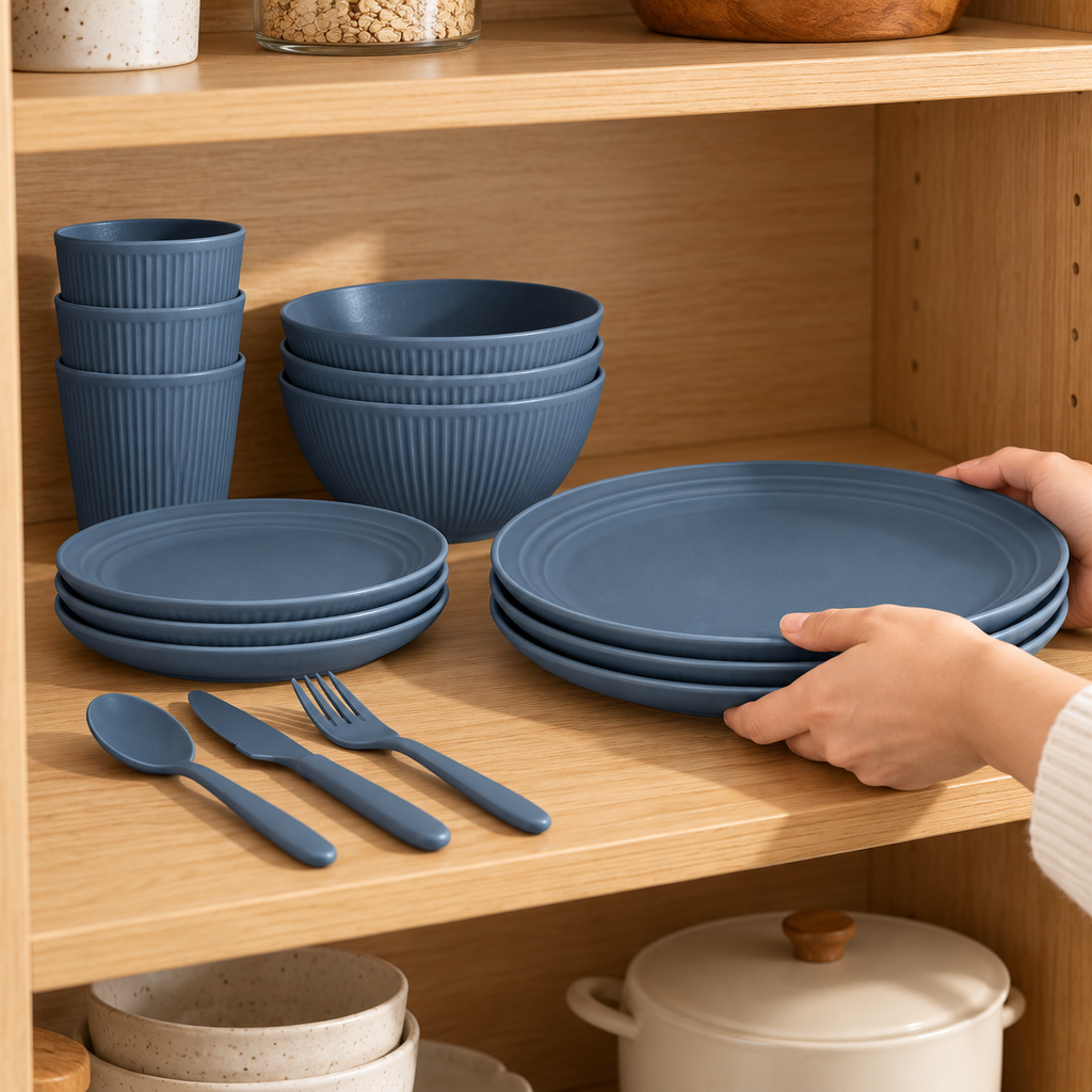 Dark blue wheat-straw dinnerware. Compact storage scene. Representative subset; styling props not included.