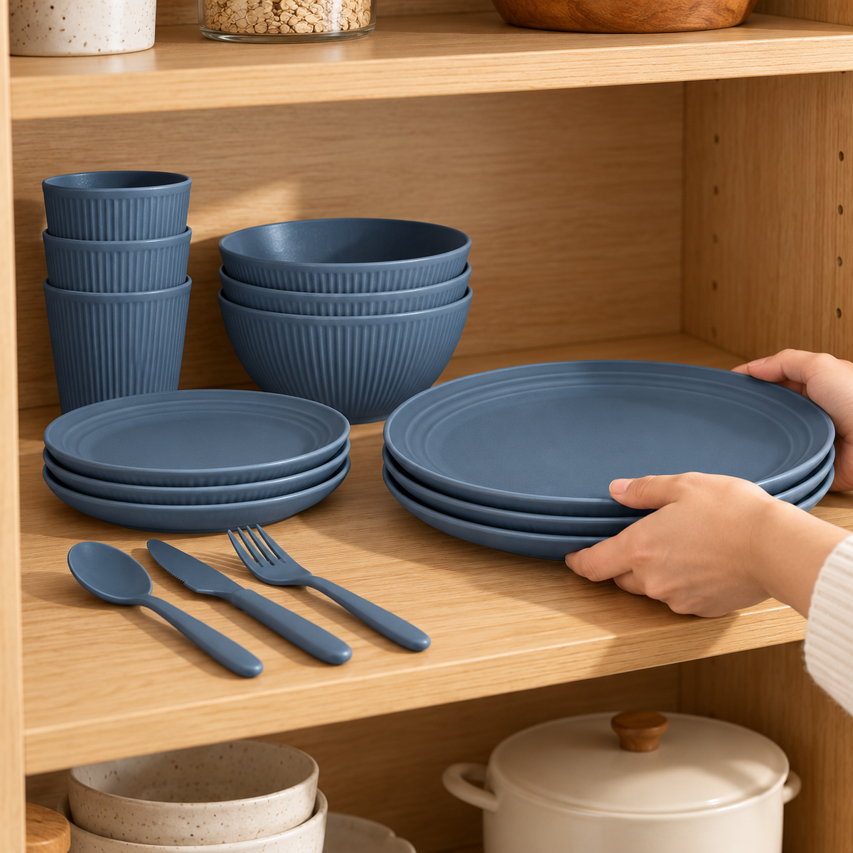 Dark blue wheat-straw dinnerware. Compact storage scene. Representative subset; styling props not included.