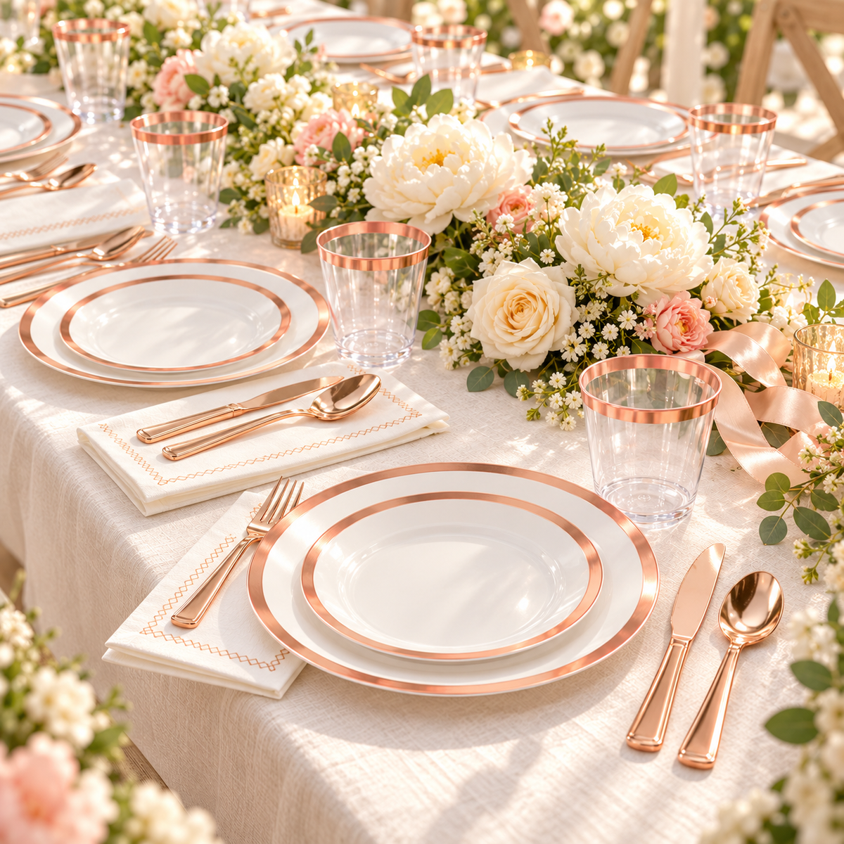 White rose-gold-rim party tableware: Rose Gold Rim Partyware  full party table. Representative arrangement; styling props not included.