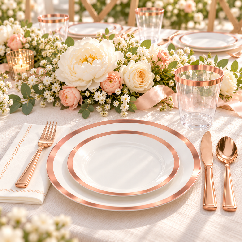 White rose-gold-rim party tableware: Rose Gold Rim Partyware  guest perspective. Representative arrangement; styling props not included.