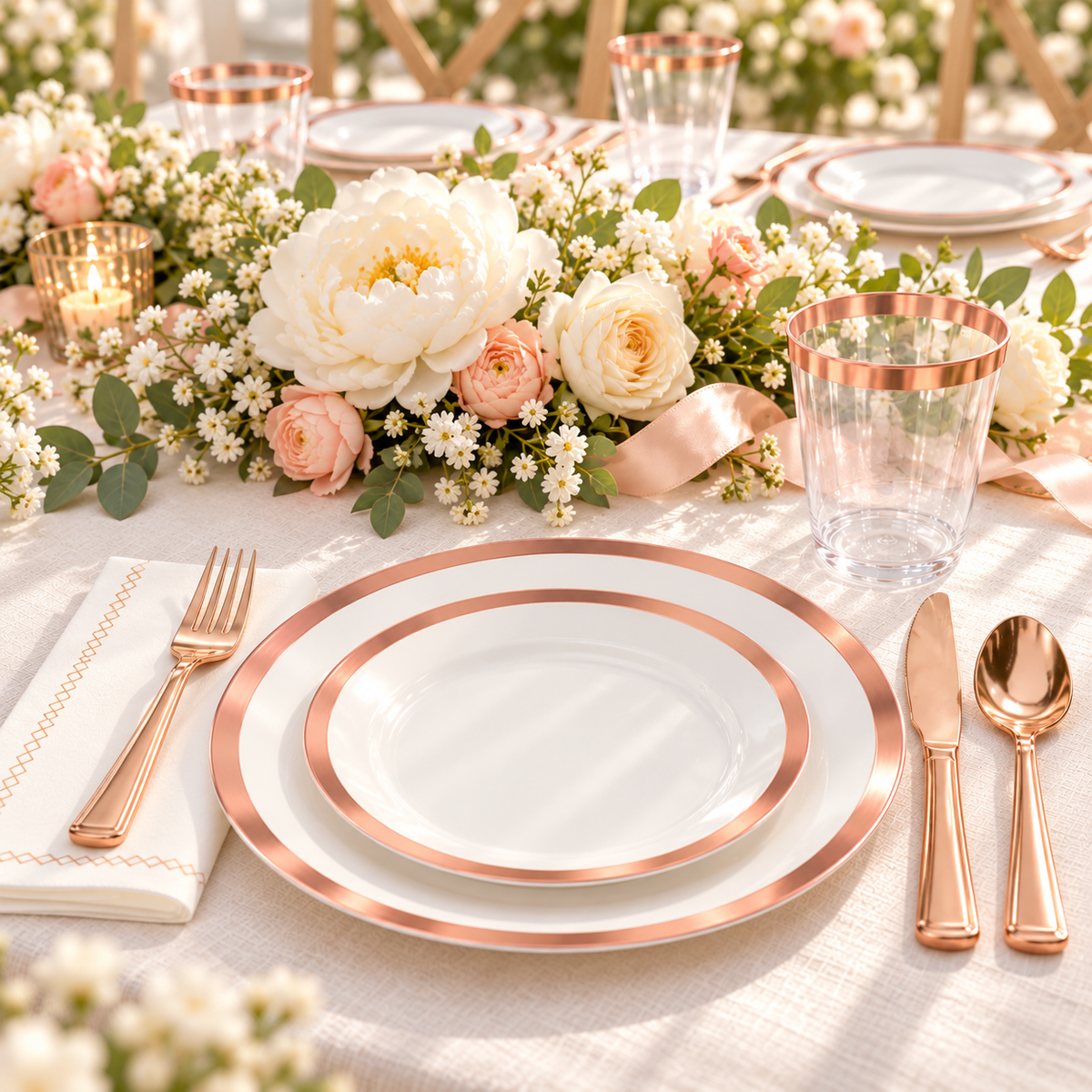 White rose-gold-rim party tableware: Rose Gold Rim Partyware  guest perspective. Representative arrangement; styling props not included.
