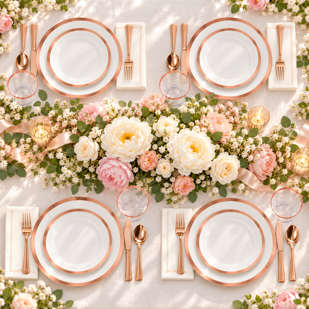 White rose-gold-rim party tableware: Rose Gold Rim Partyware  overhead party table. Representative arrangement; styling props not included.