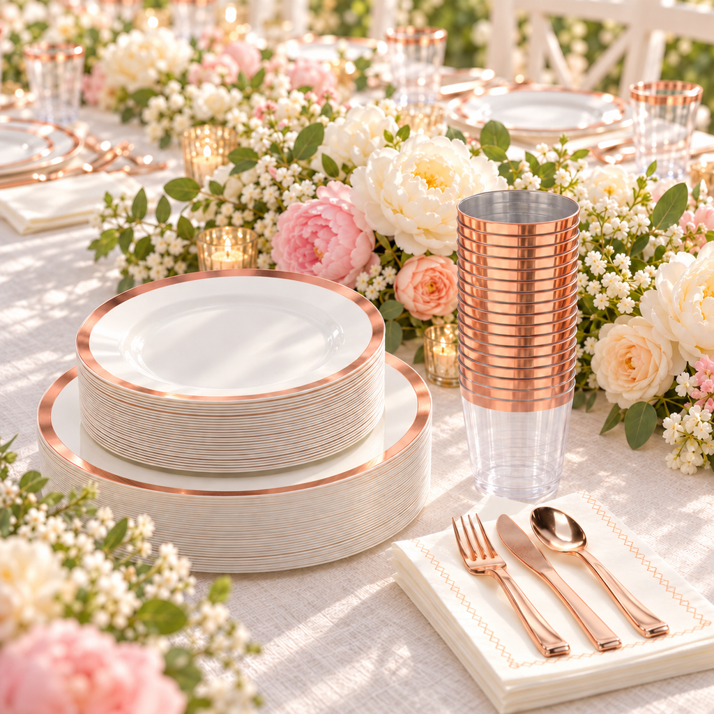 White rose-gold-rim party tableware: Rose Gold Rim Partyware  upright cups context. Representative arrangement; styling props not included.