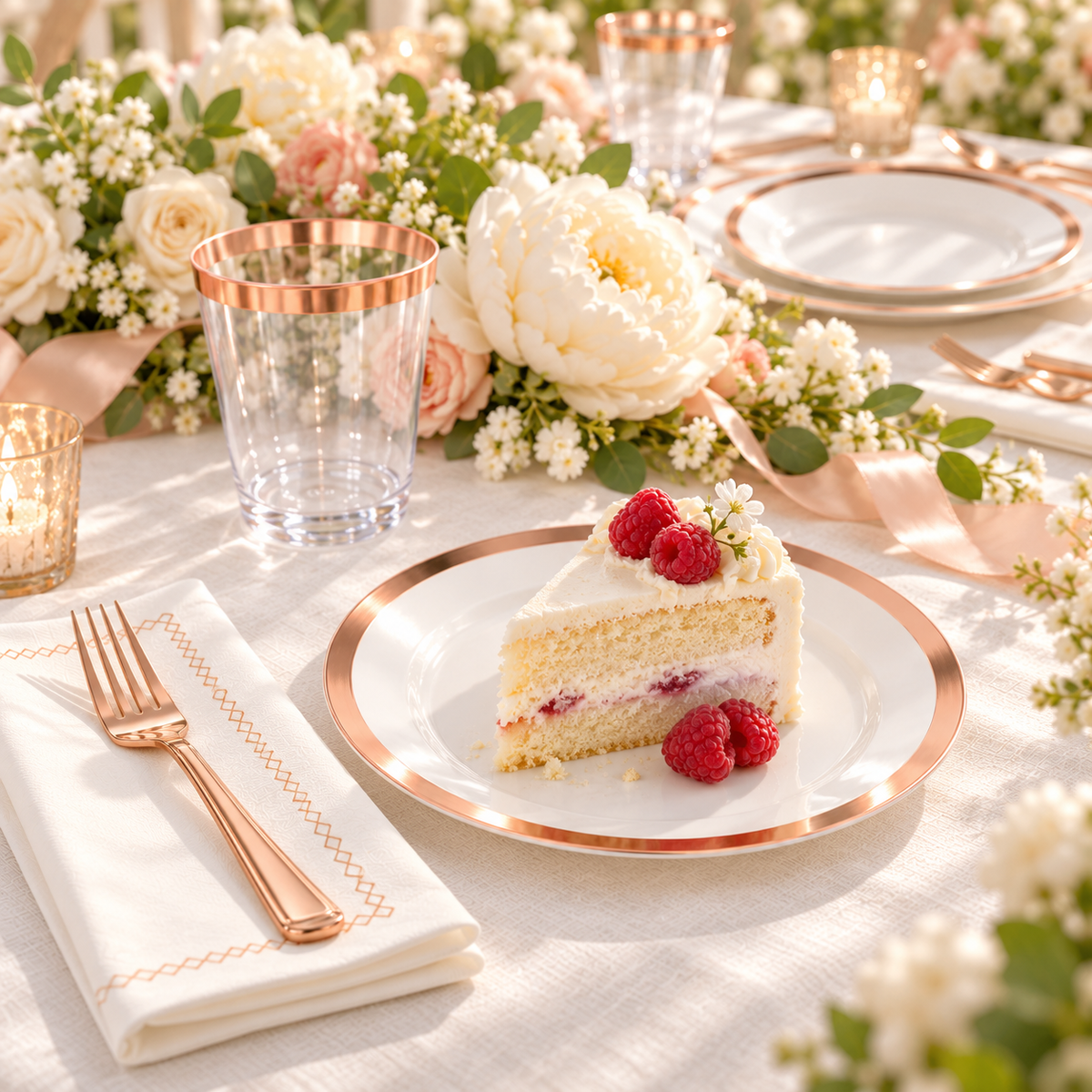 White rose-gold-rim party tableware: Rose Gold Rim Partyware  dessert serving. Representative arrangement; styling props not included.