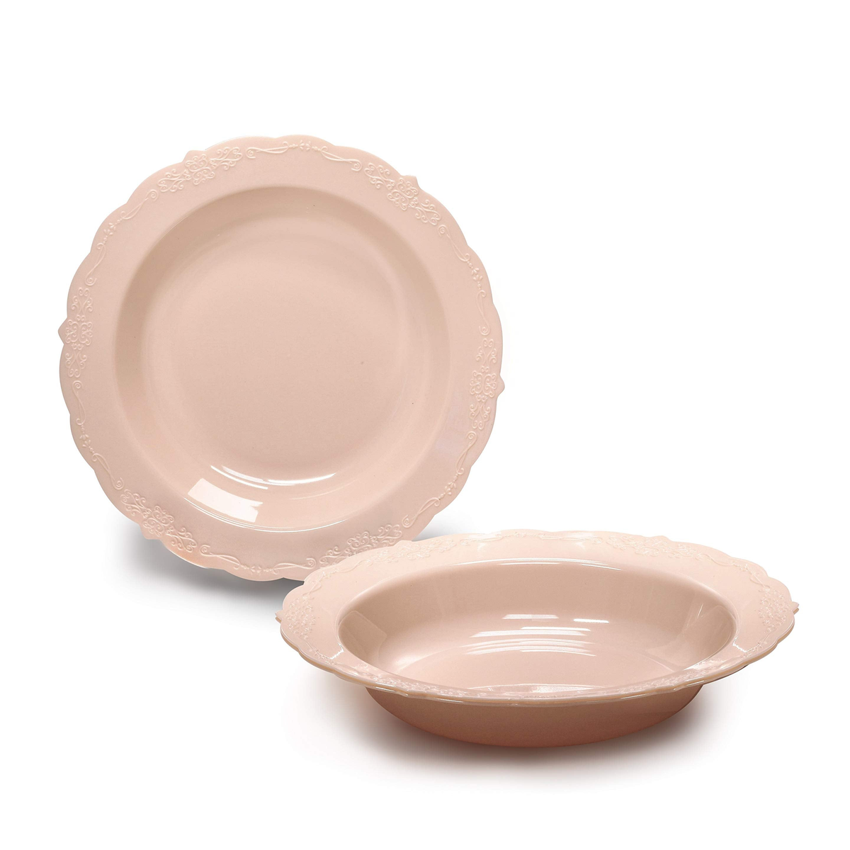 Verona in Blush plastic soup bowls shown from top and side on a white background.
