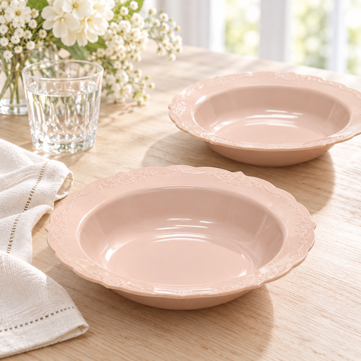 Blush pink scalloped plastic soup bowls on a pale wood table beside white linen. Food and styling props not included.