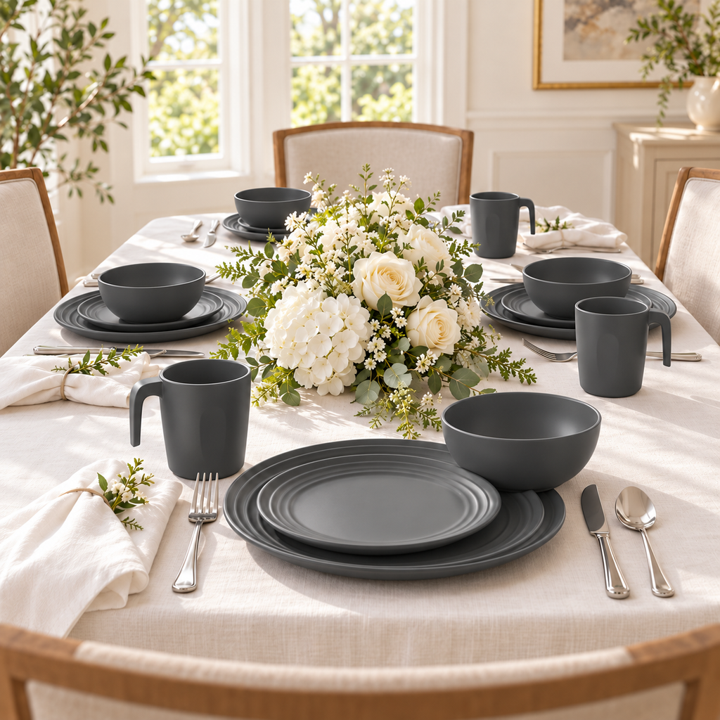 Gray dinnerware set: full party table. Representative setting; food, flowers and other styling props not included.