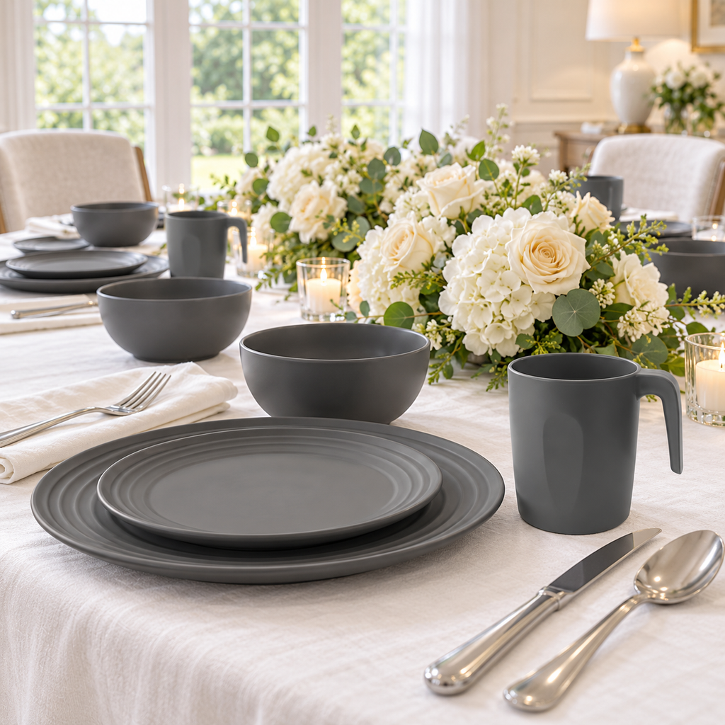 Gray dinnerware set: guest perspective. Representative setting; food, flowers and other styling props not included.