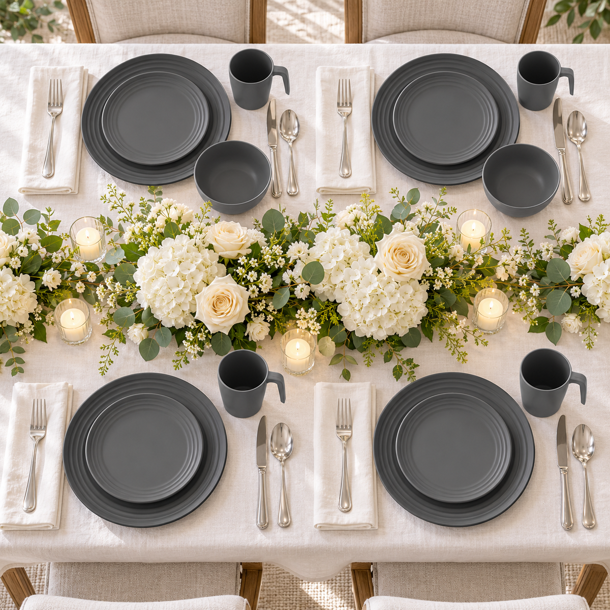Gray dinnerware set: overhead party layout. Representative setting; food, flowers and other styling props not included.