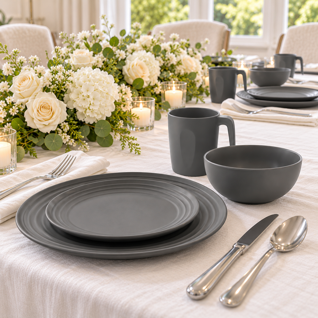 Gray dinnerware set: rim bowl context detail. Representative setting; food, flowers and other styling props not included.