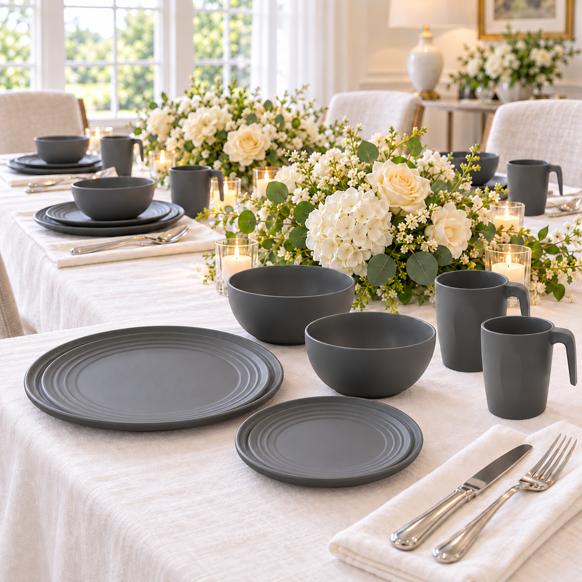 Gray dinnerware set: host serving setup. Representative setting; food, flowers and other styling props not included.