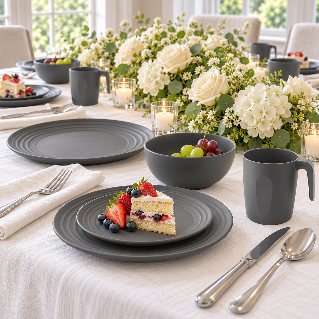 Gray dinnerware set: dessert fruit use. Representative setting; food, flowers and other styling props not included.