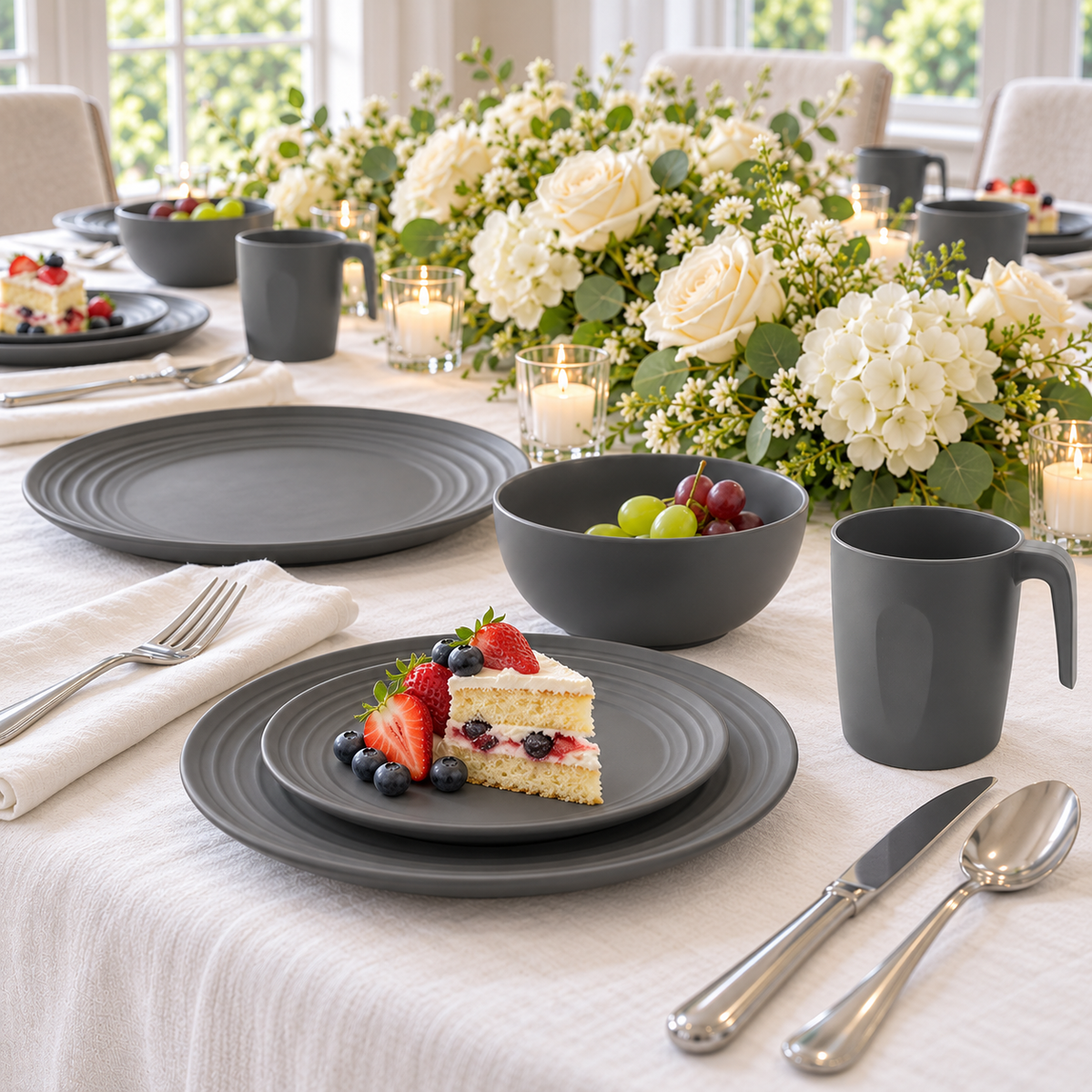Gray dinnerware set: dessert fruit use. Representative setting; food, flowers and other styling props not included.