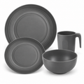 Representative four-piece sample from the gray 32-piece dinnerware set: one large plate, one small plate, one bowl and one open-hook handled mug on white. Full set contains 32 pieces; only representative pieces are shown.
