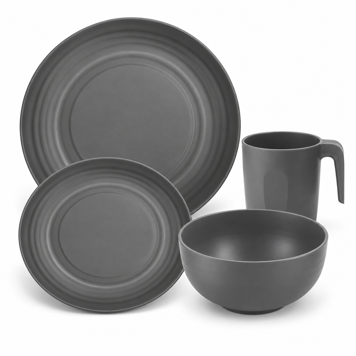 Representative four-piece sample from the gray 32-piece dinnerware set: one large plate, one small plate, one bowl and one open-hook handled mug on white. Full set contains 32 pieces; only representative pieces are shown.