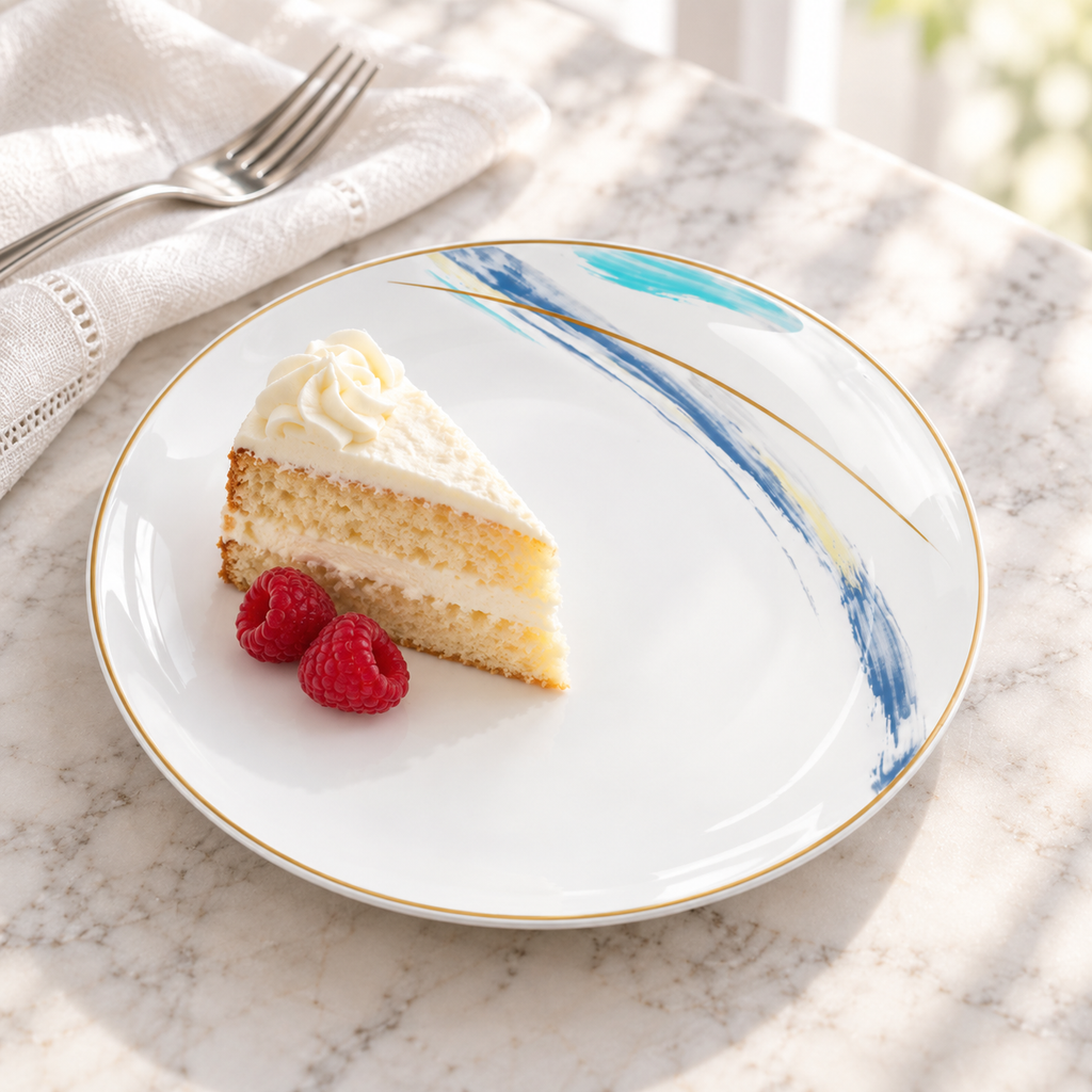 A slice of vanilla cake and raspberries on a Gilded Edge ceramic dessert plate, with its blue, turquoise and gold edge decoration uncovered. Food, fork and linen are styling props.