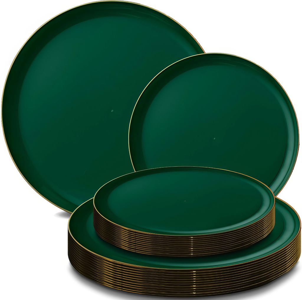 Emerald green plates in two sizes with fine gold rims. Representative selection from the pack; styling props not included.