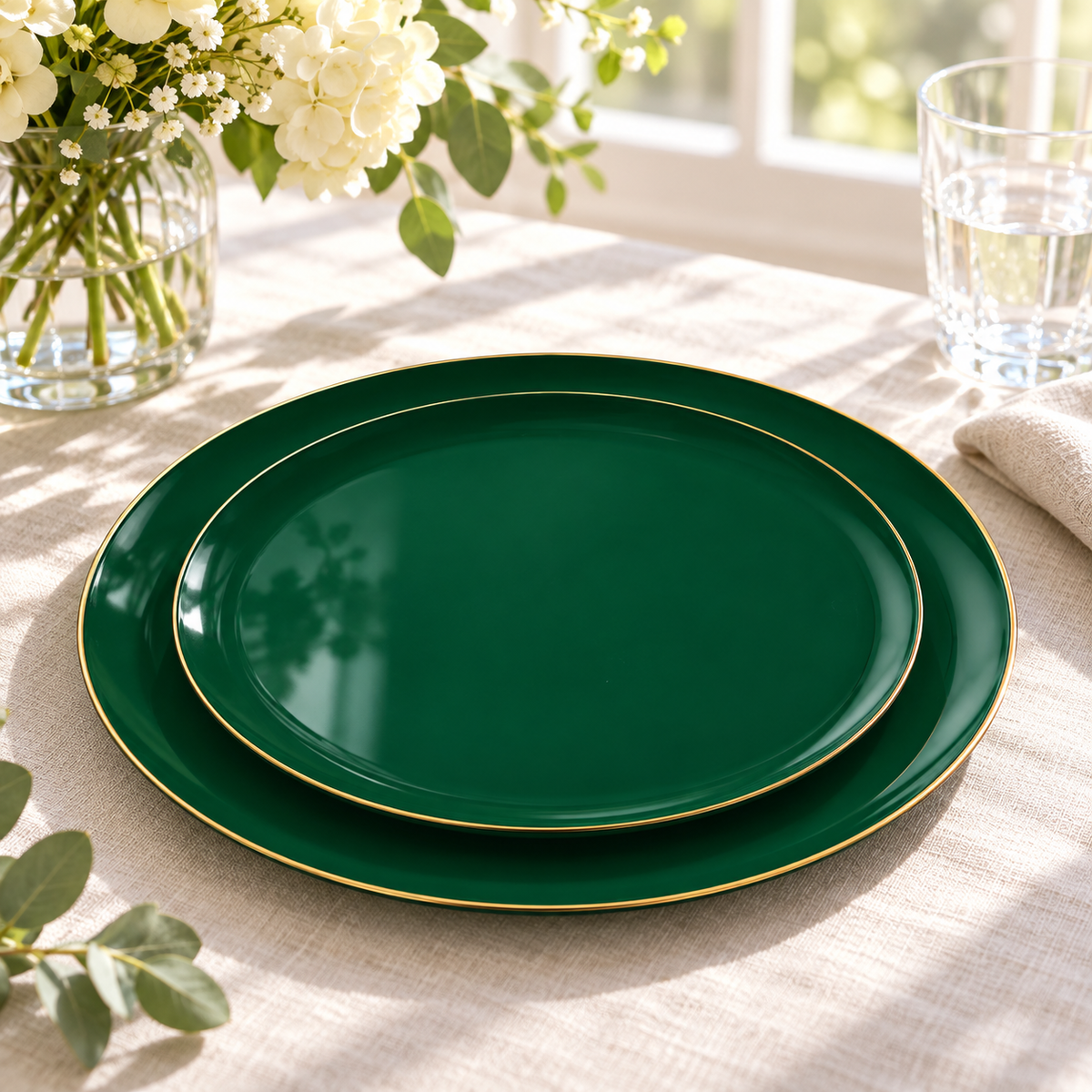 Two emerald green gold-rim plates nested on a bright table. Representative selection from the pack; styling props not included.