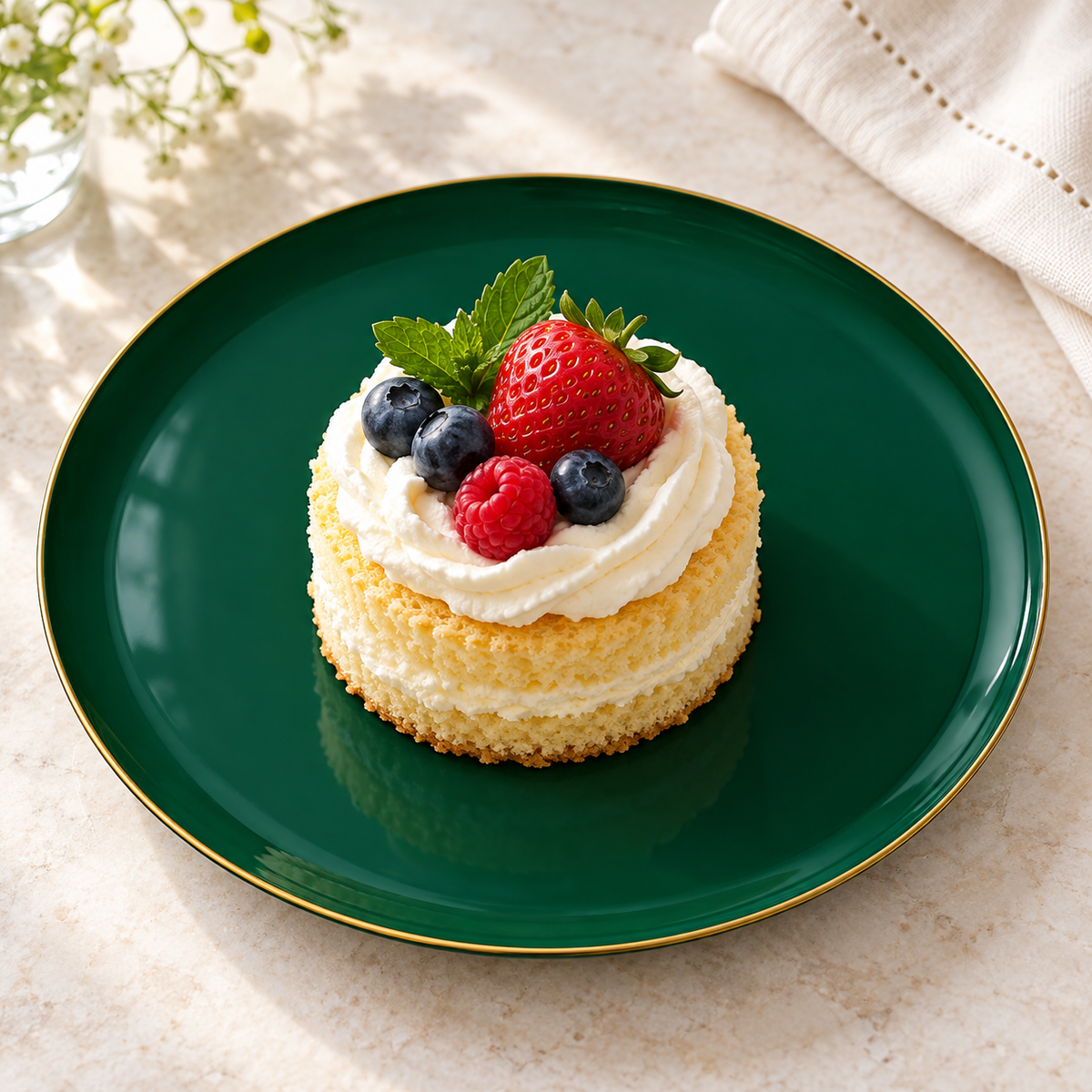 A green gold-rim plate with a small berry dessert. Food and styling props not included.