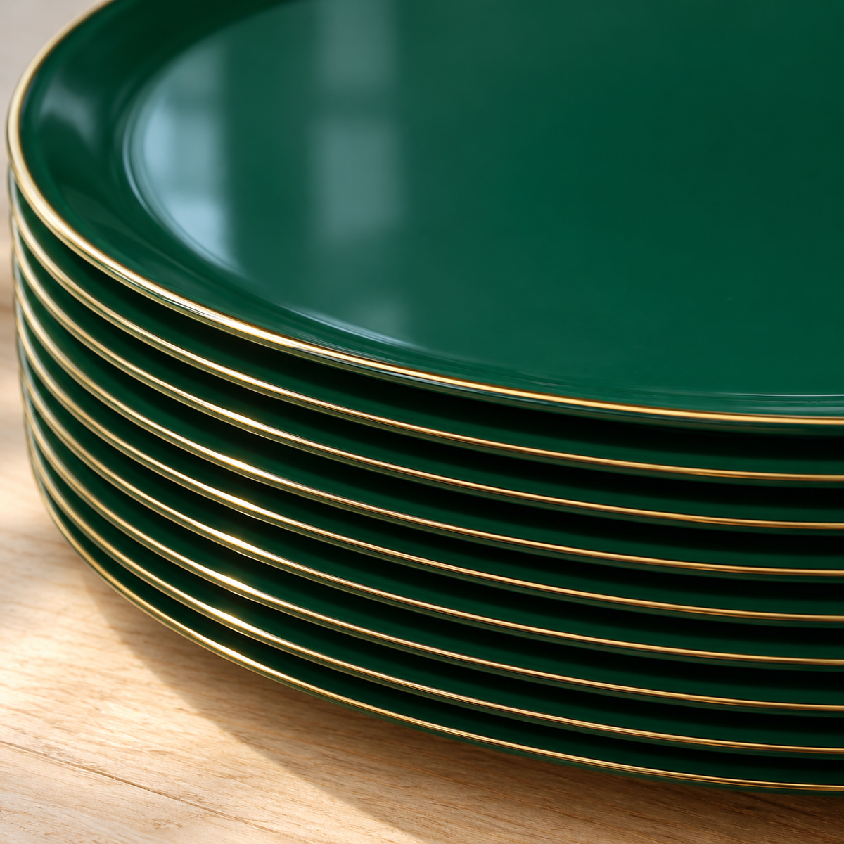 Macro detail of nested emerald-green plate edges with fine gold trim. Representative selection from the pack; styling props not included.
