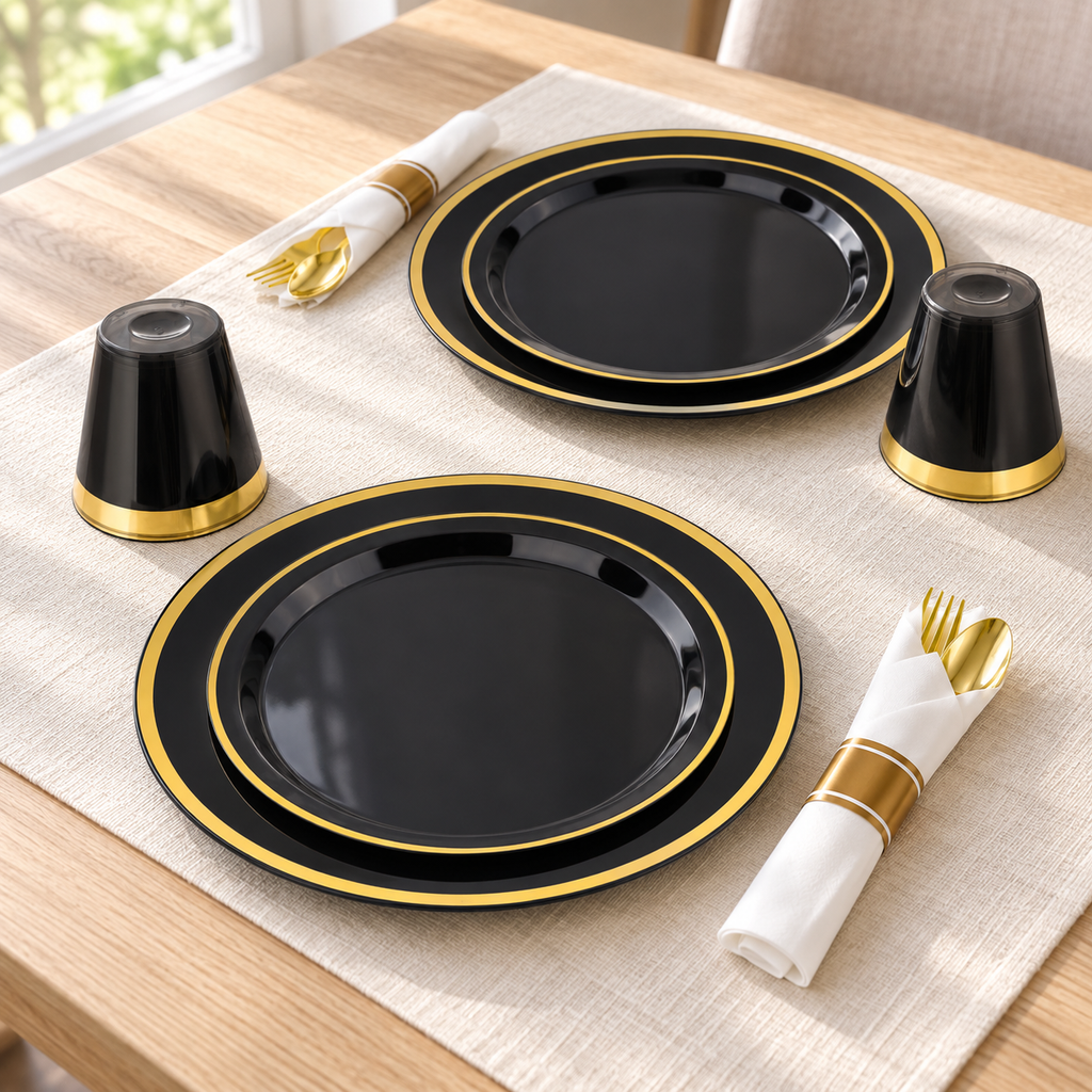 Two representative black two-ring plate settings with dark gold-rim cups and white-and-gold wrapped cutlery on a bright table. Representative arrangement; styling props not included.