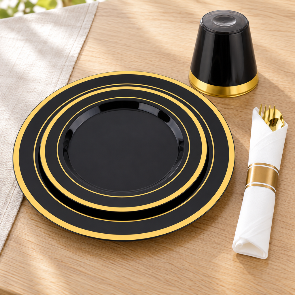 Nested large and small black two-ring plates with a dark gold-rim cup and wrapped gold cutlery. Representative arrangement; styling props not included.