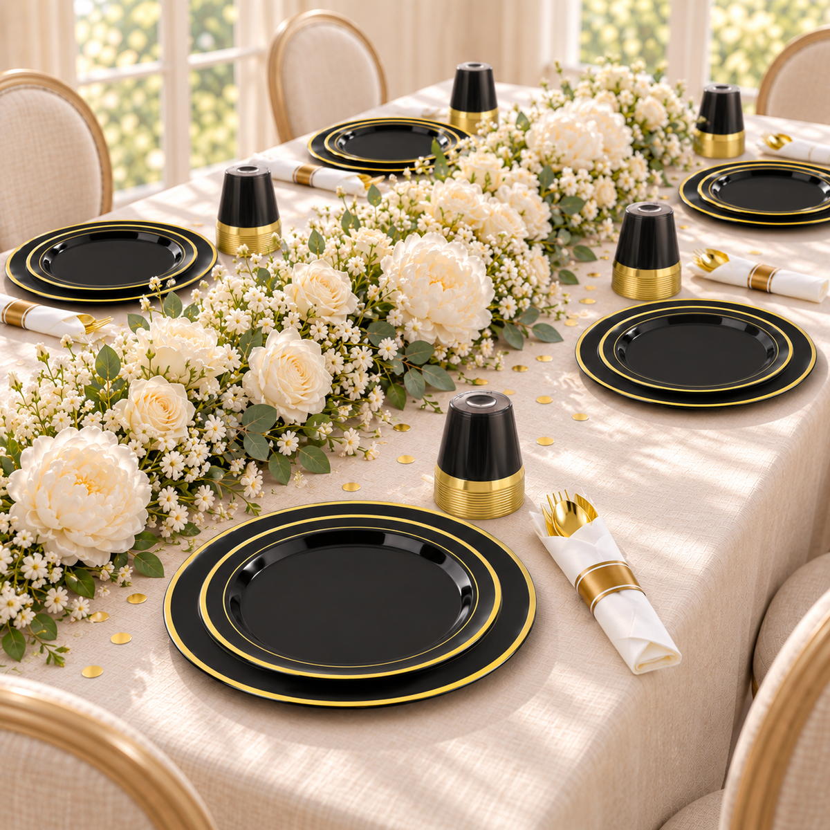 Black two-gold-ring party tableware: Black Two Gold Ring Partyware  full party table. Representative arrangement; styling props not included.