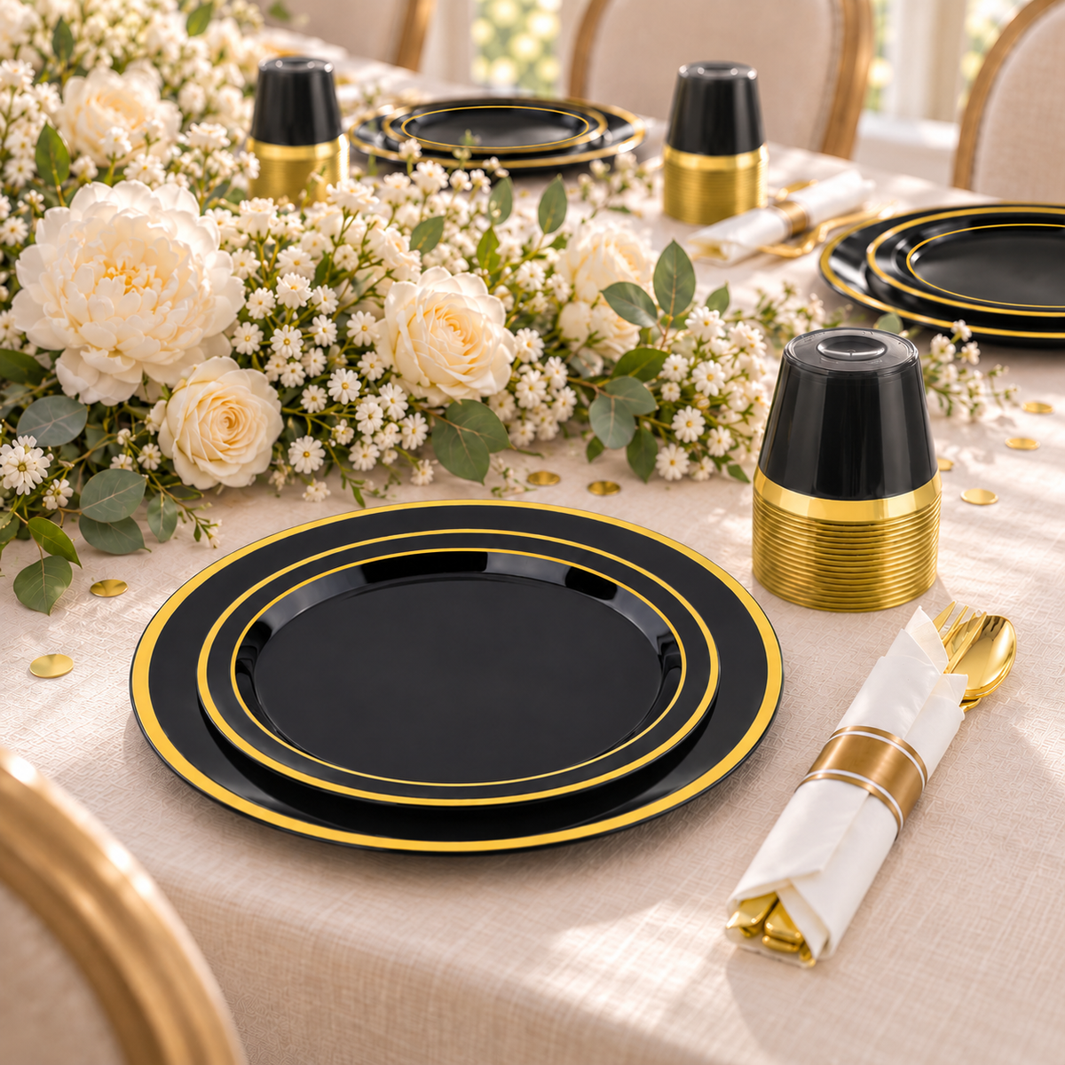 Black two-gold-ring party tableware: Black Two Gold Ring Partyware  guest perspective. Representative arrangement; styling props not included.