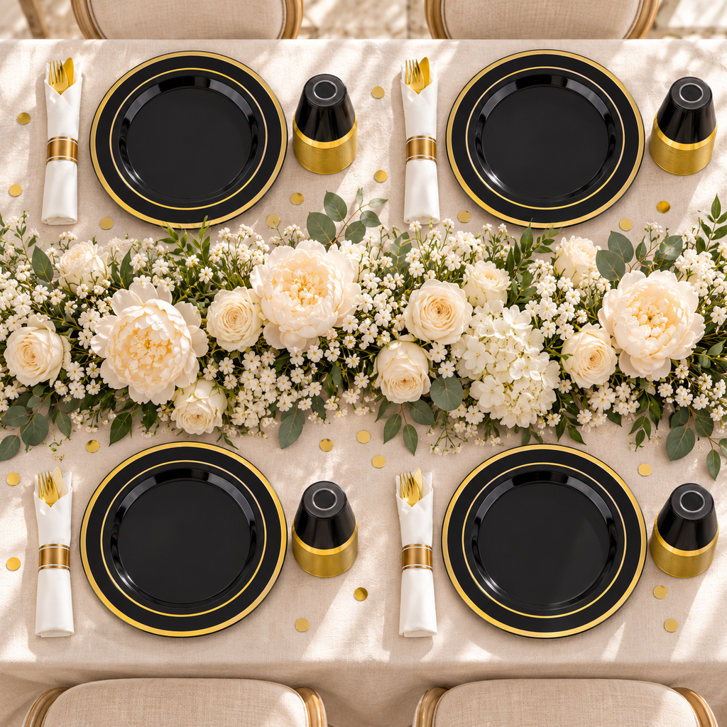 Black two-gold-ring party tableware: Black Two Gold Ring Partyware  overhead party layout. Representative arrangement; styling props not included.