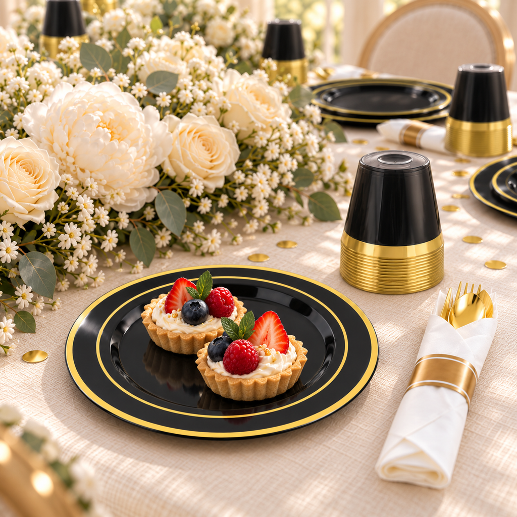 Black two-gold-ring party tableware: Black Two Gold Ring Partyware  event detail. Representative arrangement; styling props not included.