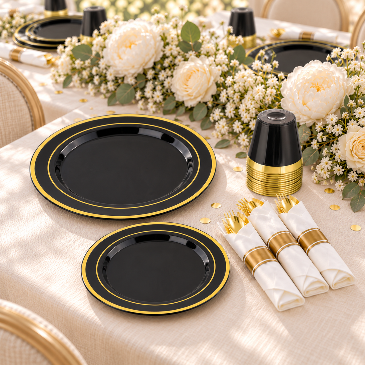 Black two-gold-ring party tableware: Black Two Gold Ring Partyware  kit ready for party. Representative arrangement; styling props not included.
