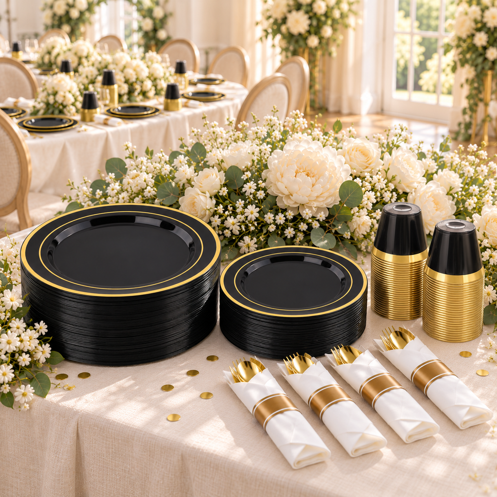Black two-gold-ring party tableware: Black Two Gold Ring Partyware  serving station. Representative arrangement; styling props not included.