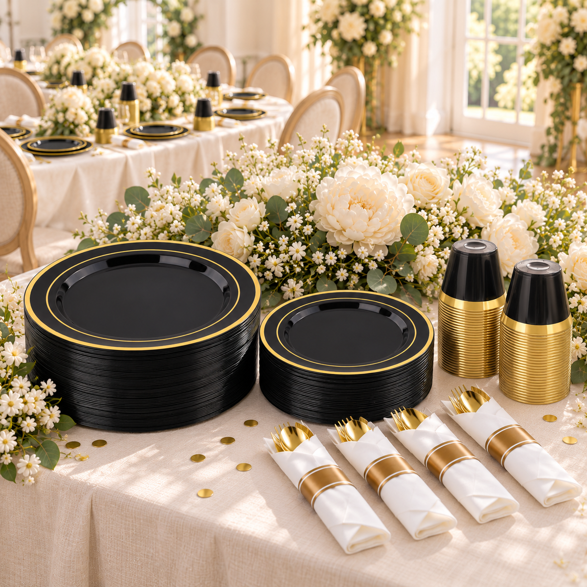 Black two-gold-ring party tableware: Black Two Gold Ring Partyware  serving station. Representative arrangement; styling props not included.