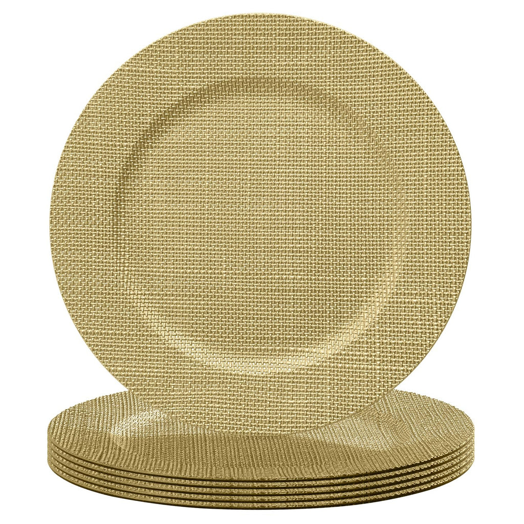 Burlap-textured round charger plates on a white background, with one upright plate showing the recessed center and thin stacked rims.