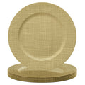 Burlap-textured round charger plates on a white background, with one upright plate showing the recessed center and thin stacked rims.