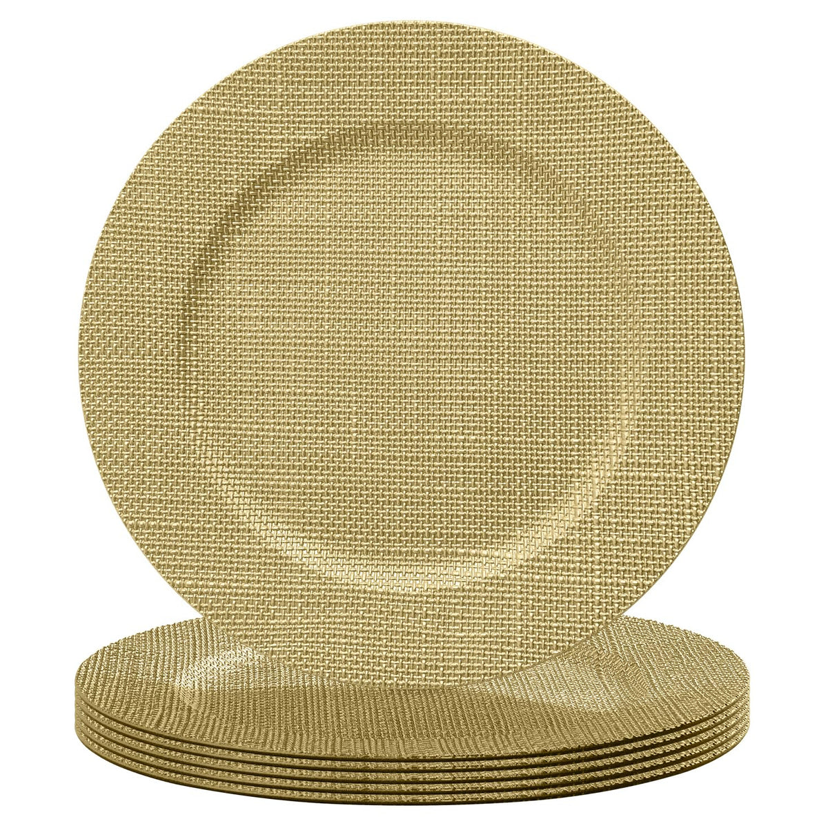Burlap-textured round charger plates on a white background, with one upright plate showing the recessed center and thin stacked rims.