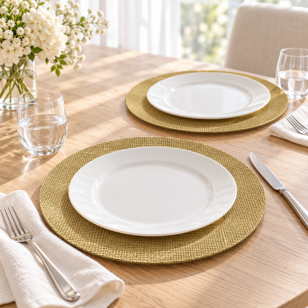 Burlap-textured round chargers beneath separate empty white plates at two place settings on a bright pale wood dining table. Styling props not included.