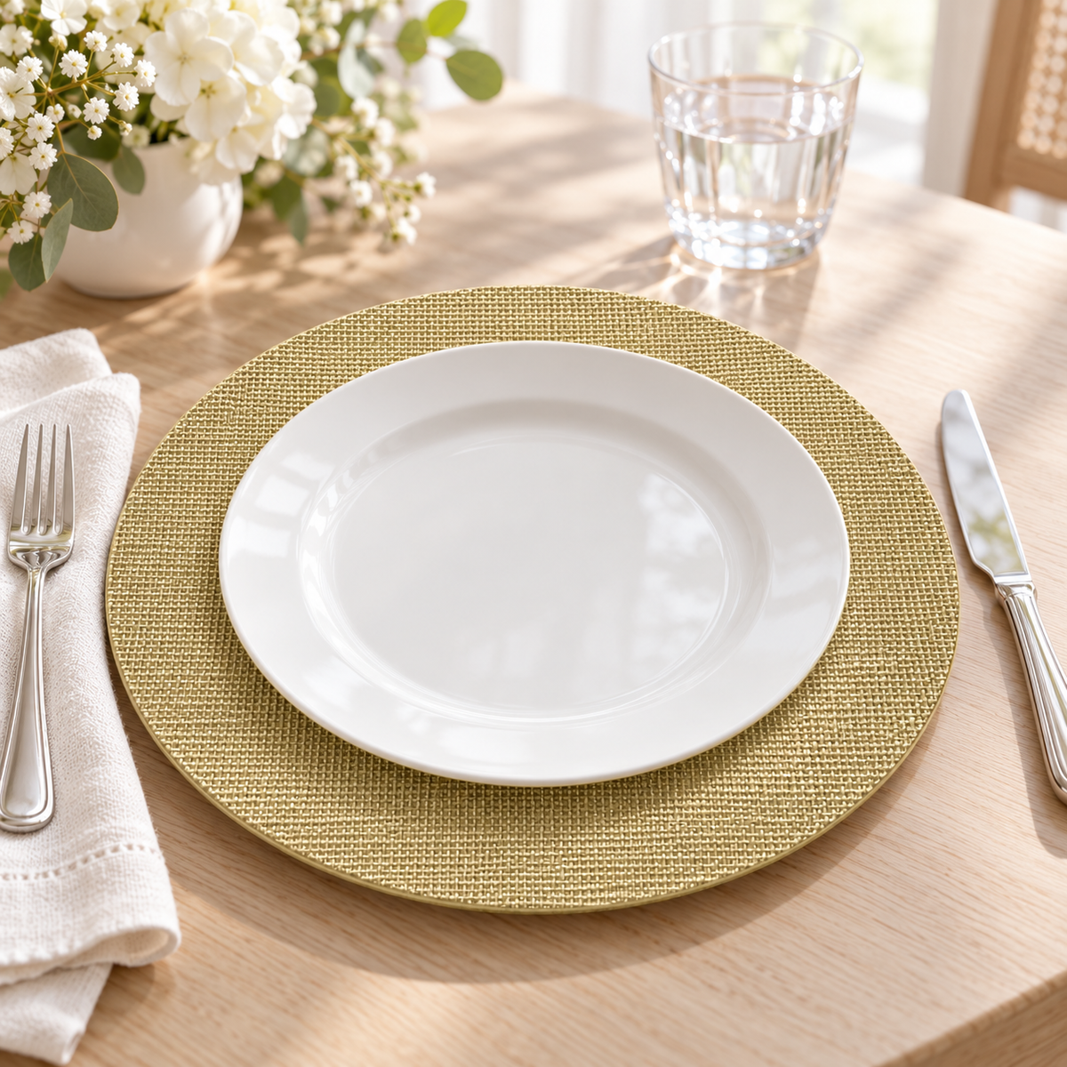 Close view of a burlap-textured round charger beneath a separate empty white plate, beside ivory linen and silver cutlery. Styling props not included.