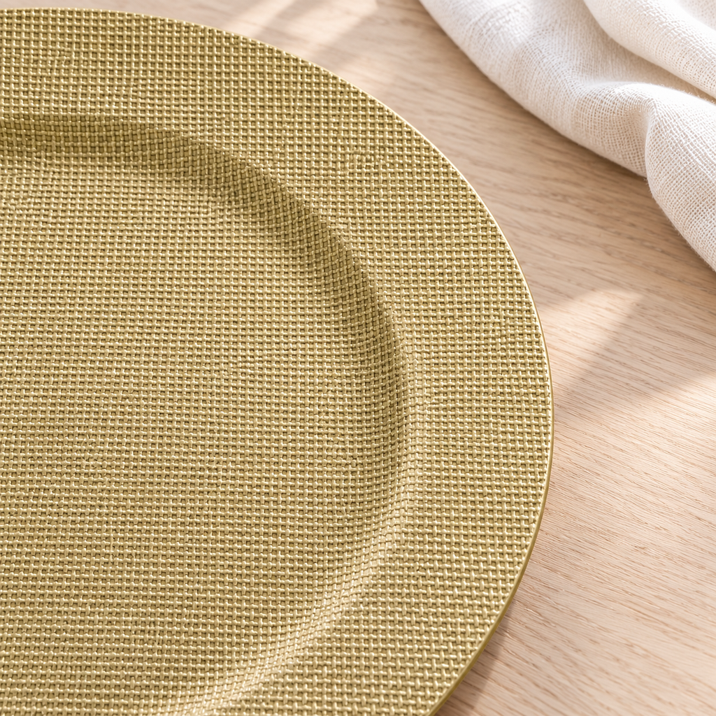 Close detail of the fine burlap-look surface, broad circular rim and recessed center of a charger on pale wood.