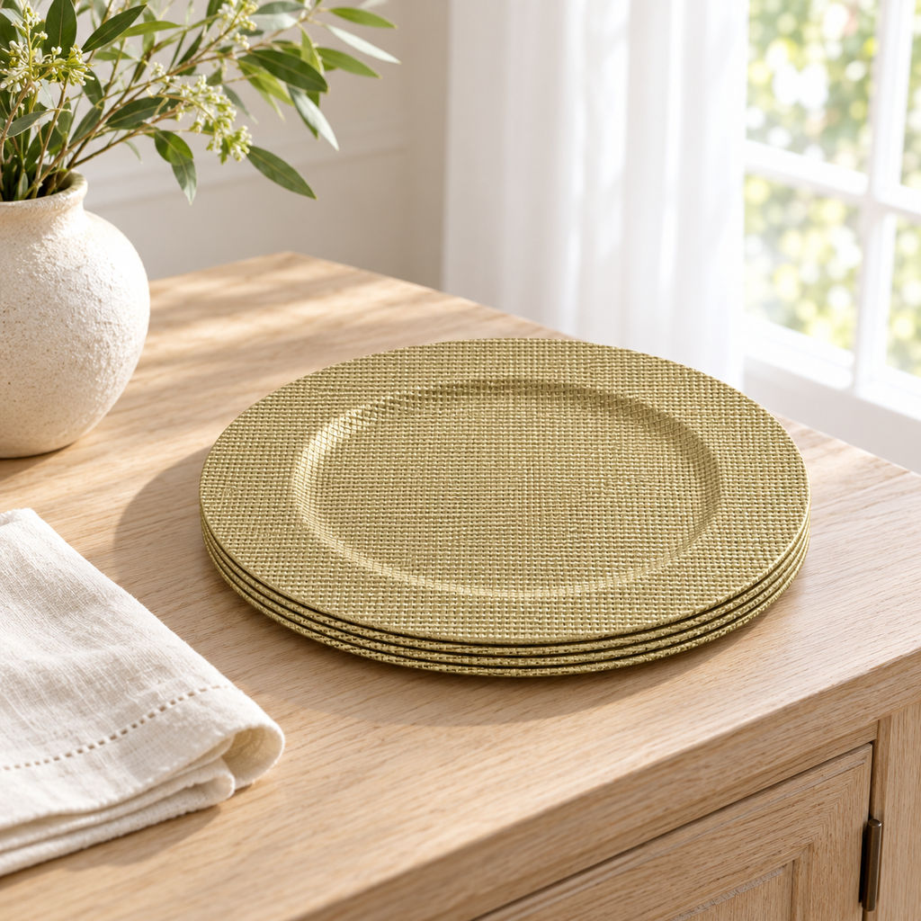 Empty burlap-textured round chargers stacked on a pale wood sideboard, showing fine surface detail and thin layered edges beside ivory linen. Styling props not included.