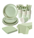 Sage green paper plates, cups and napkins with matching plastic cutlery and tablecloth on white.
