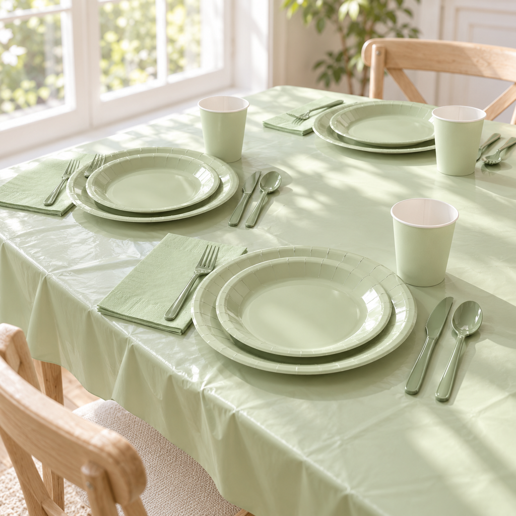Sage green paper tableware and matching plastic cutlery arranged on a sage tablecloth beside a bright window. Representative arrangement; room furnishings not included.