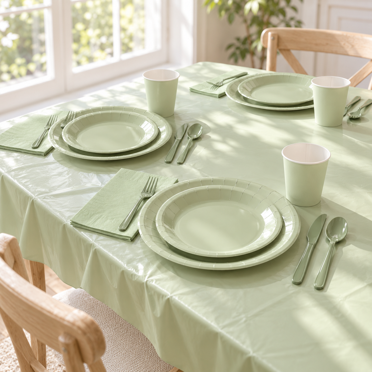 Sage green paper tableware and matching plastic cutlery arranged on a sage tablecloth beside a bright window. Representative arrangement; room furnishings not included.
