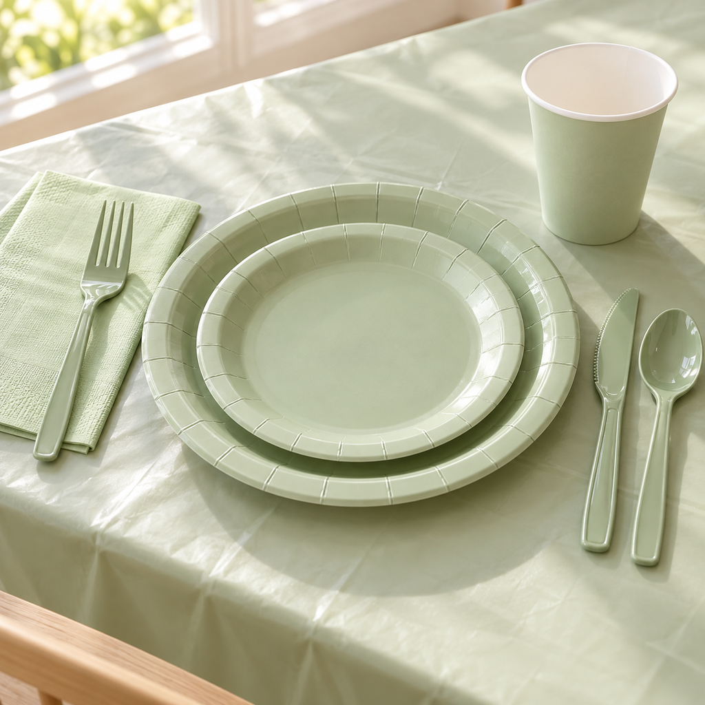 Close view of sage green paper plates and cup with a paper napkin and matching plastic cutlery. Representative arrangement; room furnishings not included.