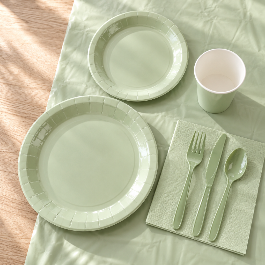 Overhead arrangement of sage green paper plates, cup, napkin and plastic cutlery on a covered wood table. Representative arrangement; room furnishings not included.