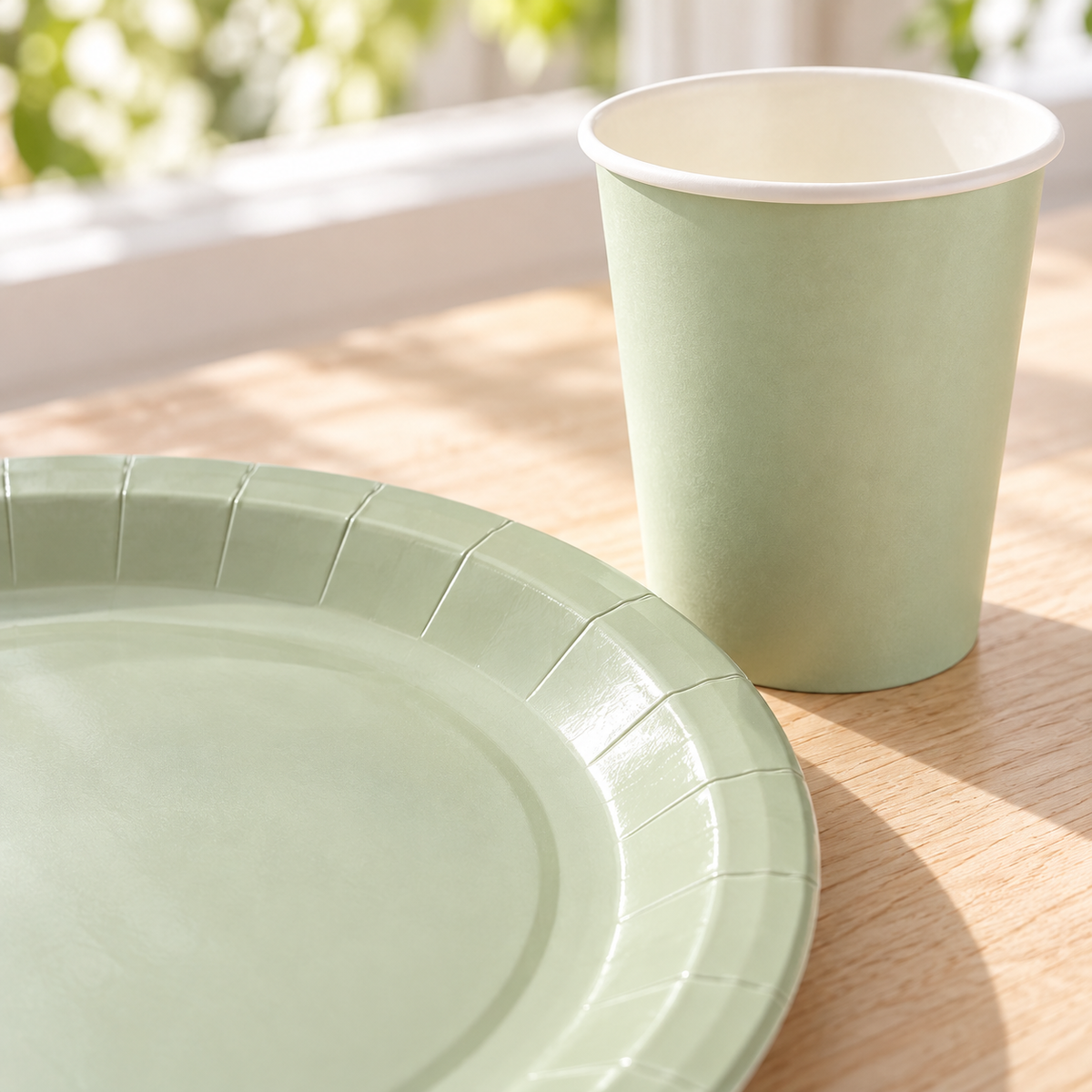 Close view of a sage green coated-paper plate rim and a paper cup with a white rolled lip.
