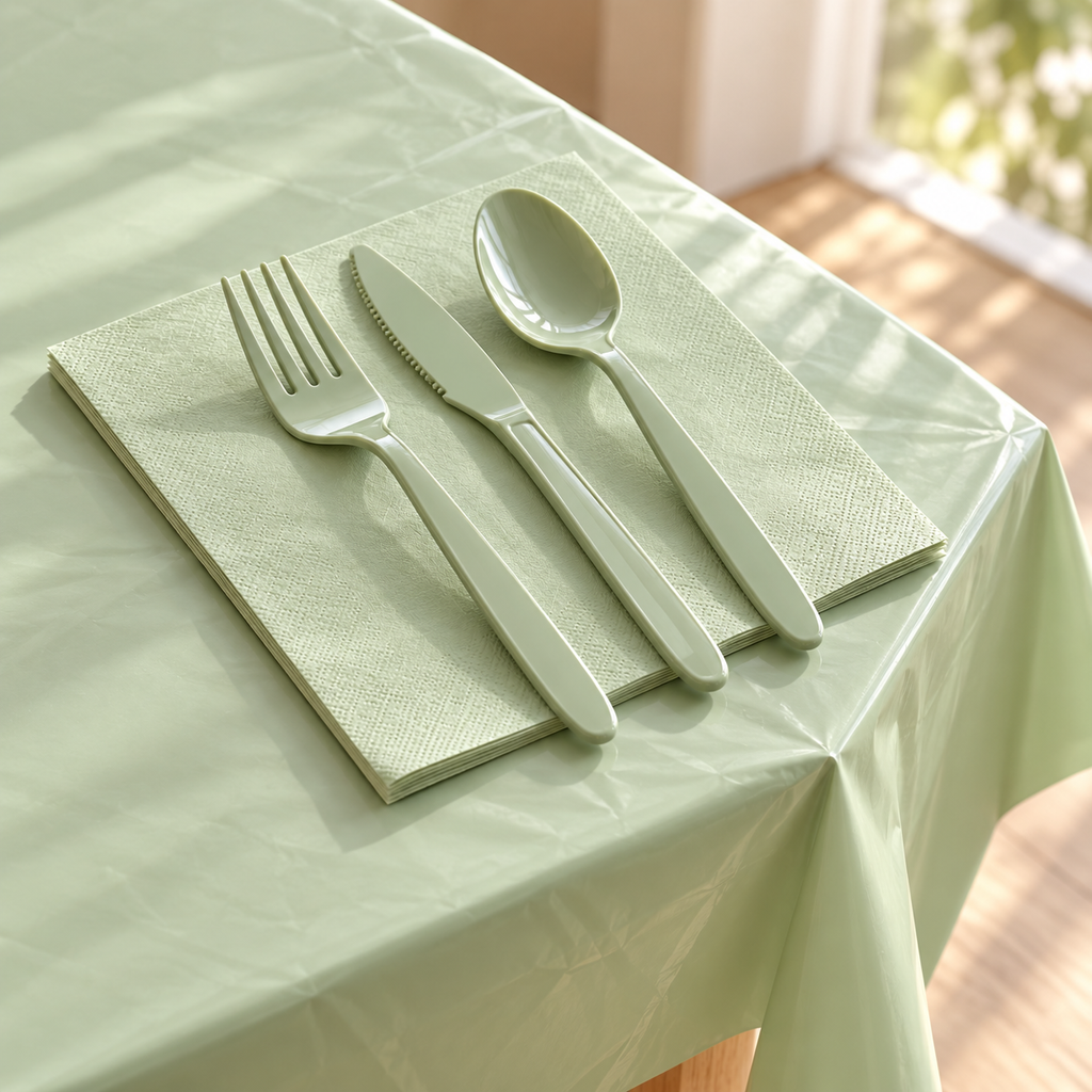 Sage green plastic fork, knife and spoon on an embossed paper napkin near a plastic tablecloth corner.