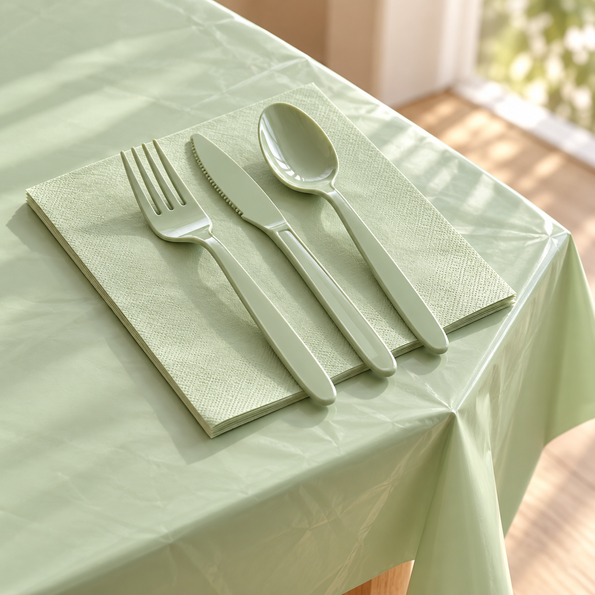Sage green plastic fork, knife and spoon on an embossed paper napkin near a plastic tablecloth corner.